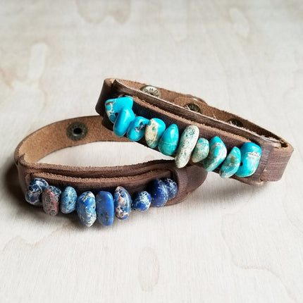 **Genuine Leather Narrow Cuff with Turquoise Regalite Stones 006v