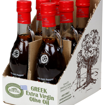 KORVEL Greek Extra Virgin Olive Oil with Chili Pepper - 8.45 fl oz (250ml) - 6 Pack