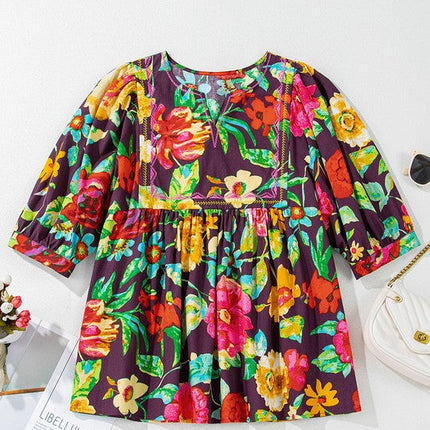 Gray Flower Embroidered Trim Half Sleeve Blouse