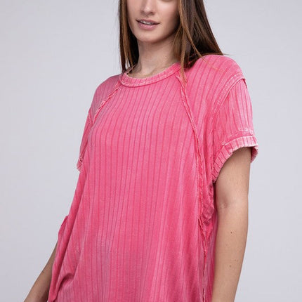Ribbed Raglan Dolman Sleeve Boat-Neck Top