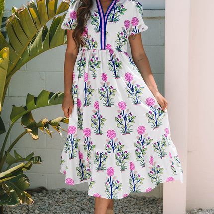 Luxury Floral Puff Short Sleeve V Neck High Waist Maxi Dress