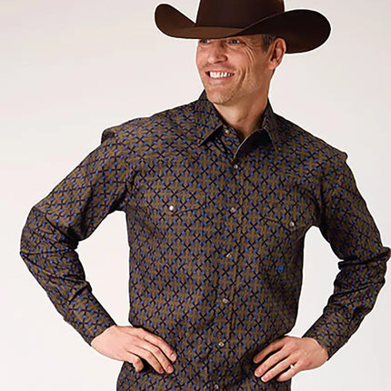 Roper Denim Blue Diamond Medallion (Brown) - Men's Western Shirt