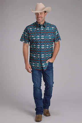 Roper 2352 Navajo Print (Blue) - Men's Short Sleeve Shirt
