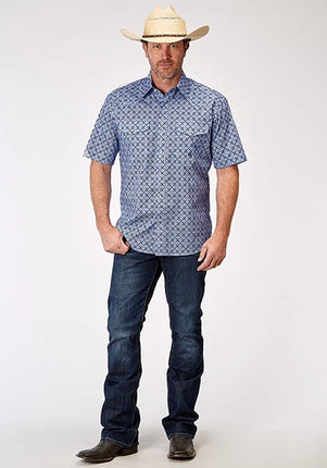 Roper 1932 Blue Skies Tie Print (Blue) - Men's Short Sleeve Shirt