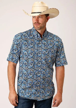 Roper 1448 Amarillo Paisley (Blue) - Men's Short Sleeve Shirt