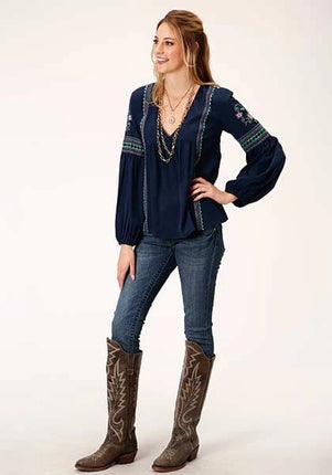 Roper 00860 Crepe V Neck (Navy) - Women's Western Blouse