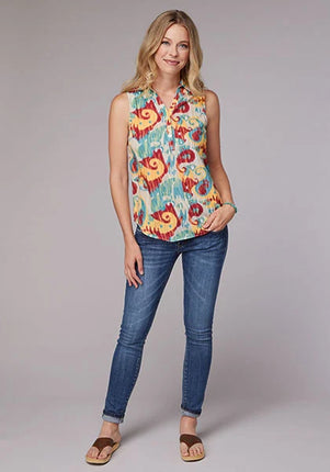 Roper 2073 Ikat Paisley (Blue) - Women's Sleeveless Shirt