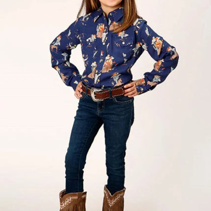Roper Cowboy Toils (Blue) - Girl's Western Snap Shirt
