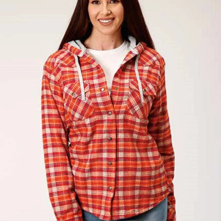 Roper Thermal Flannel Hoodie (Orange) - Women's Flannel Button Down Hoodie Sweatshirt