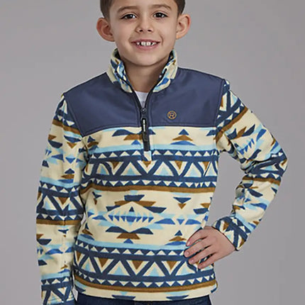 Roper Boy's Aztec Print Microfleece Pullover (Cream/Navy) - Children's Jacket