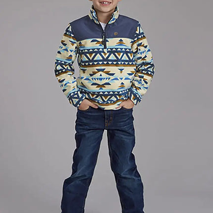 Roper Boy's Aztec Print Microfleece Pullover (Cream/Navy) - Children's Jacket