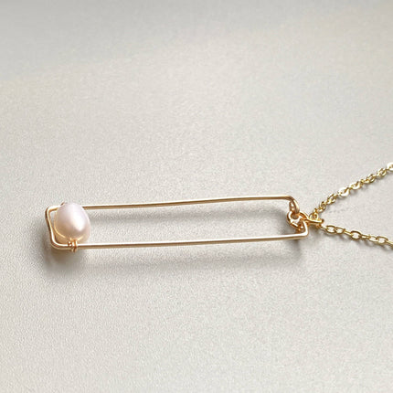 Pearl Necklace with Gold Rectangle Drop Pendant and Chain