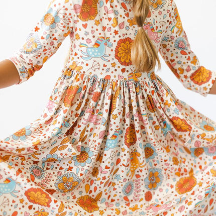 Retro Unicorns 3/4 Sleeve Pocket Twirl Dress