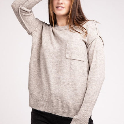 Melange Hi-Low Hem Round Neck Sweater