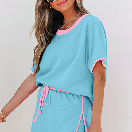 Luxury Colorblock Edge Drop Shoulder T Shirt and Skort 2Pcs Set