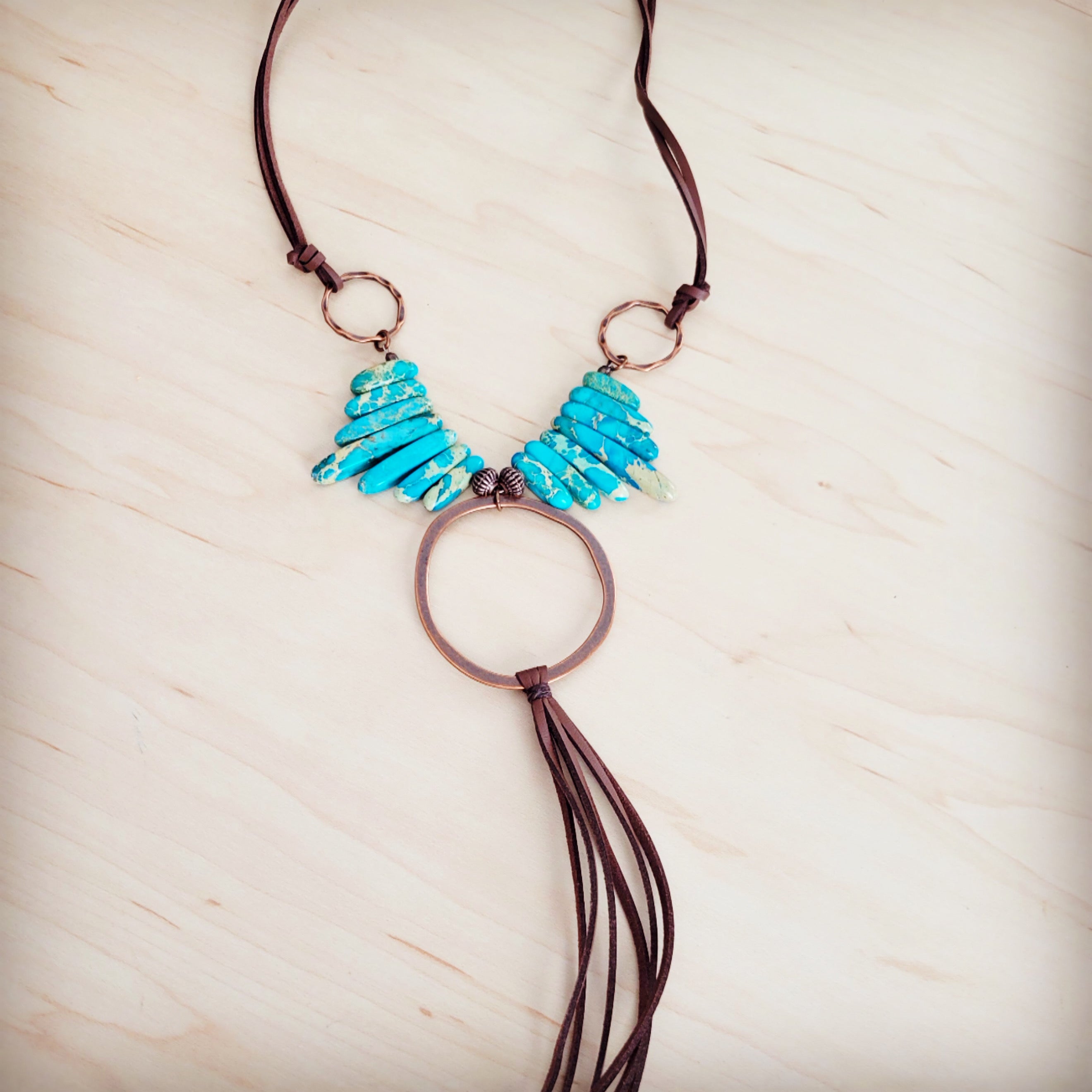 Imperial Jasper Slab Necklace w/ Copper Hoop & Tassel 252h