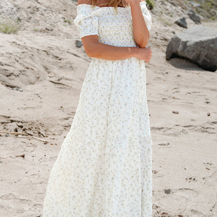 White Frilly Shirred Bodice Tiered Floral Maxi Dress