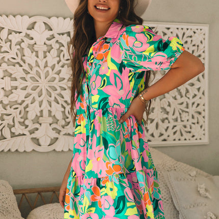 Floral Puff Sleeve Collar Buttoned Babydoll Dress