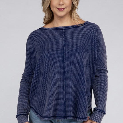 Plus Washed Baby Waffle Oversized Long Sleeve Top