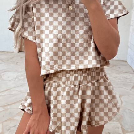 Luxury Checkerboard T Shirt and High Waist Skorts 2 Piece Outfit