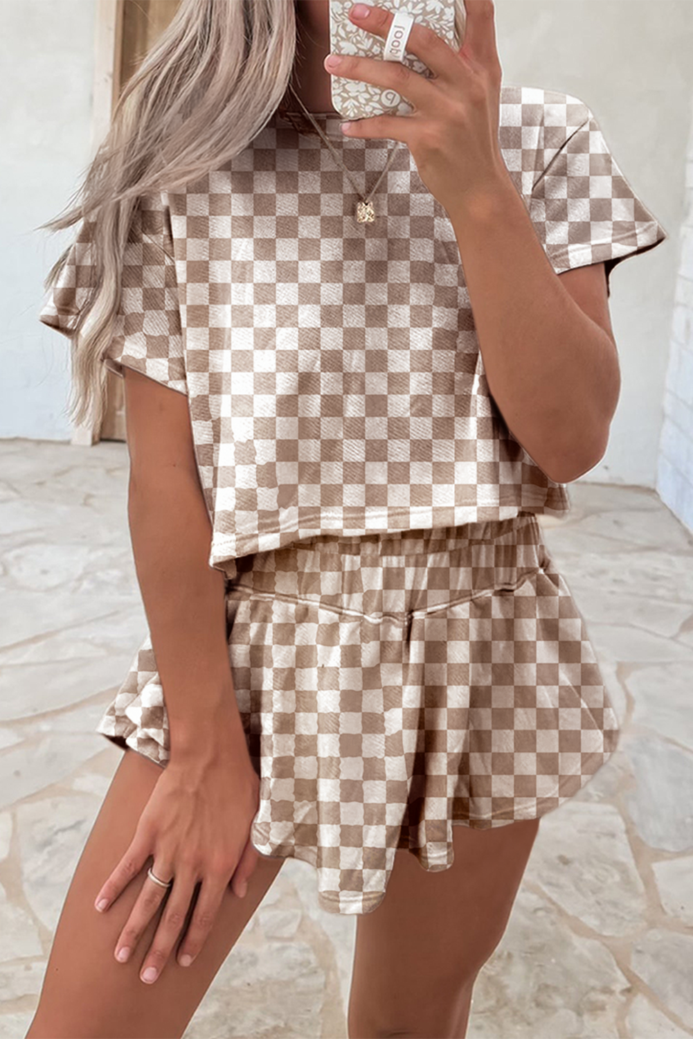 Luxury Checkerboard T Shirt and High Waist Skorts 2 Piece Outfit
