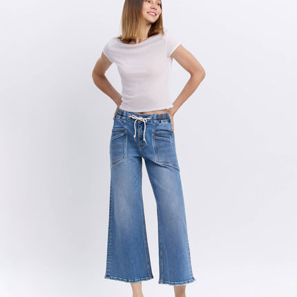 High Rise Flare Denim with Drawstring Waist