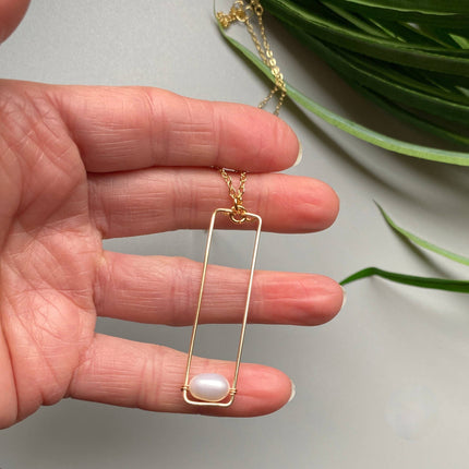 Pearl Necklace with Gold Rectangle Drop Pendant and Chain