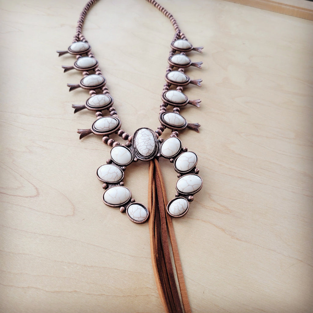 White Turquoise Squash Blossom Necklace w/ Tan Tassel 262a