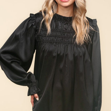 Black Frilled Satin Blouse