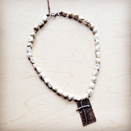 White Turquoise Collar Necklace w/ Copper Cross Pendant 259y