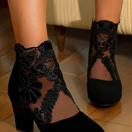 Women’s Lace-Embroidered Mesh Chunky-Heel Ankle Boots