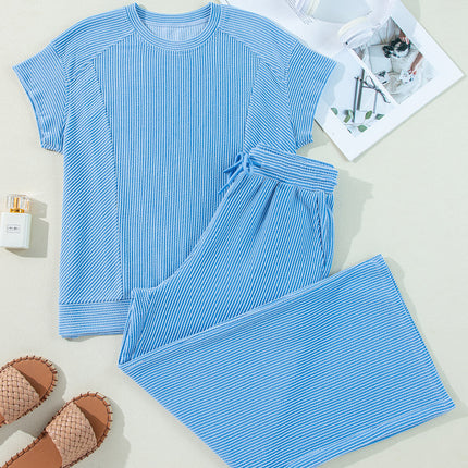 Luxury Solid Corded Short Sleeve T Shirt And Wide Leg Pants Set