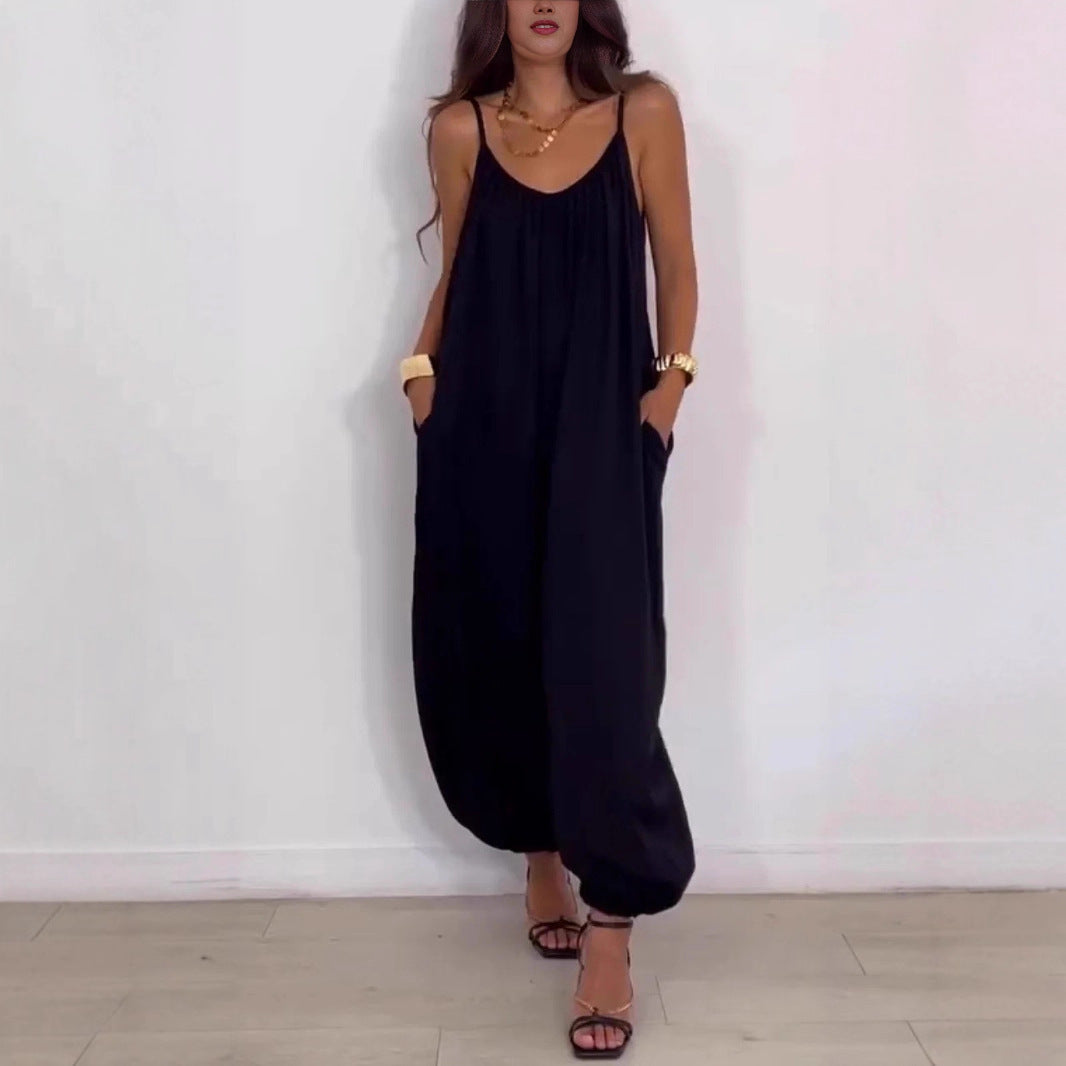 Loose Casual Solid Color Hollow-out Camisole Women's Jumpsuit