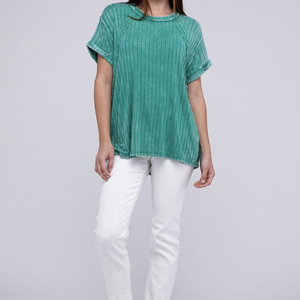 Ribbed Raglan Dolman Sleeve Boat-Neck Top