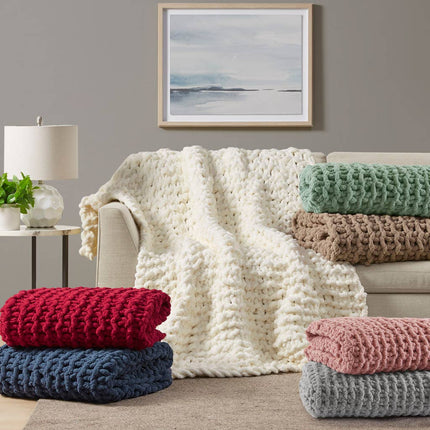 Chenille Chunky Knit Throw  Navy Blue