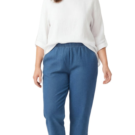 Women's Capris with Studded Hem Detail in Tri-Blend Denim and Twill with Angled side Pockets