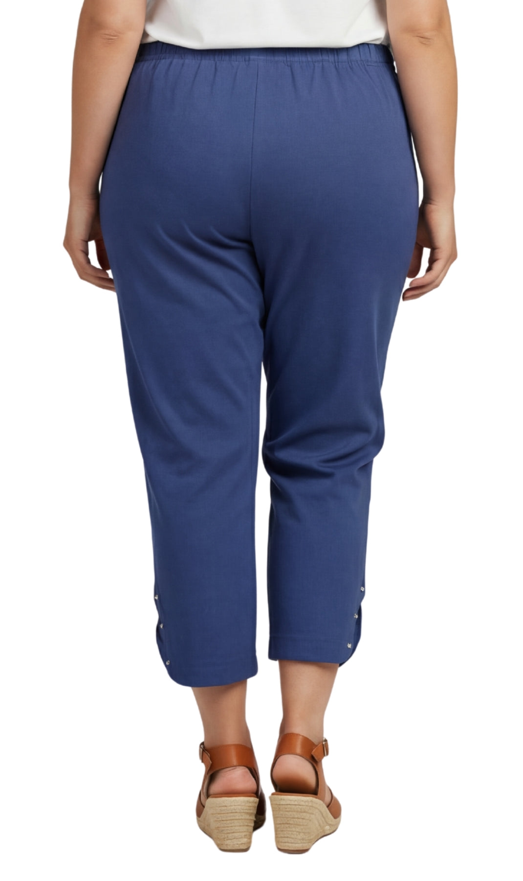 Women's Capris with Studded Hem Detail in Tri-Blend Denim and Twill with Angled side Pockets