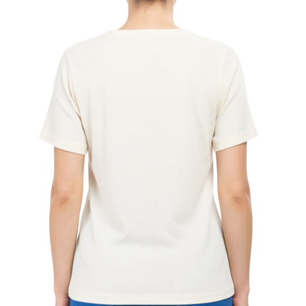 Women's Textured Knit T-shirt with Jewel Neckline and Short Sleeves