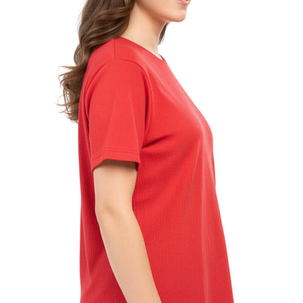 Women's Textured Knit T-shirt with Jewel Neckline and Short Sleeves