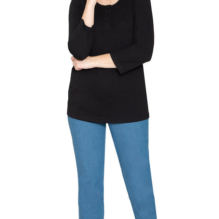 Women's 3/4 sleeves Henley in Cotton Blend with Button Placket