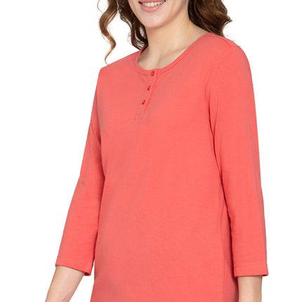 Women's 3/4 sleeves Henley in Cotton Blend with Button Placket