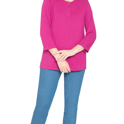 Women's 3/4 sleeves Henley in Cotton Blend with Button Placket