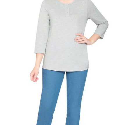 Women's 3/4 sleeves Henley in Cotton Blend with Button Placket