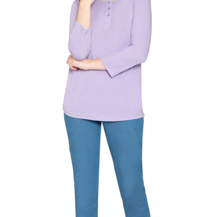 Women's 3/4 sleeves Henley in Cotton Blend with Button Placket