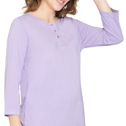 Women's 3/4 sleeves Henley in Cotton Blend with Button Placket