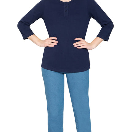 Women's 3/4 sleeves Henley in Cotton Blend with Button Placket