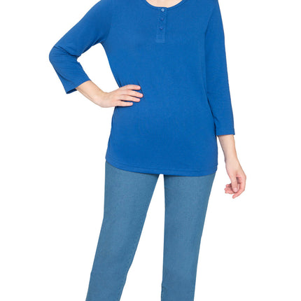 Women's 3/4 sleeves Henley in Cotton Blend with Button Placket