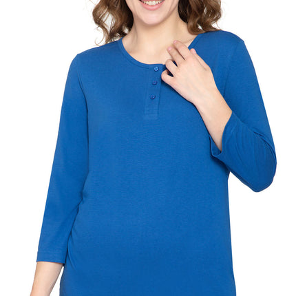 Women's 3/4 sleeves Henley in Cotton Blend with Button Placket