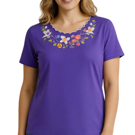 Women's Scalloped Neckline Embellished Tee