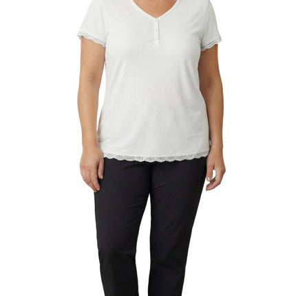 Women's V-neck Short Sleeve Tshirt with A Three Button Placket